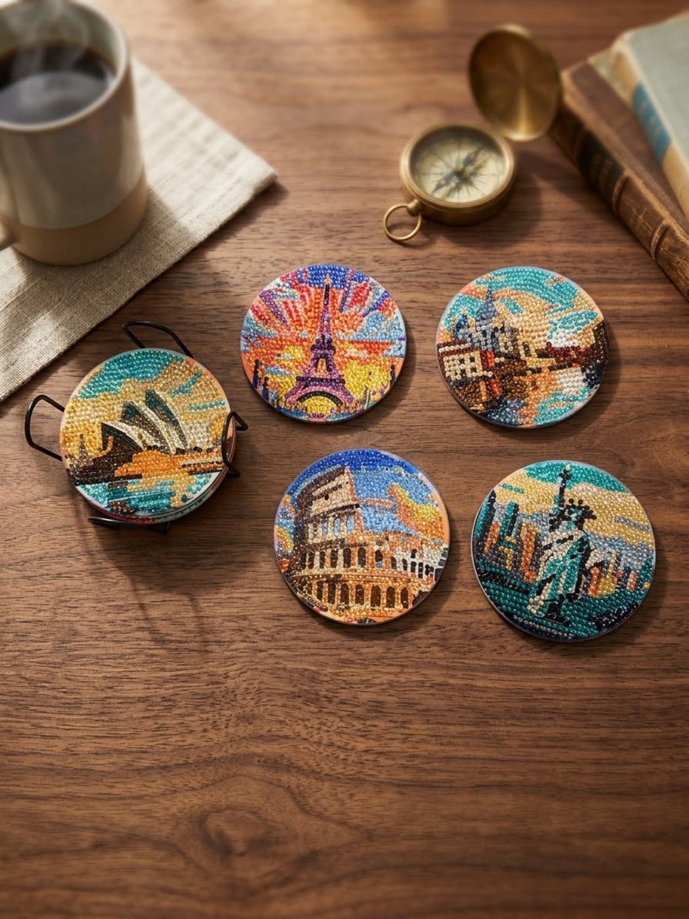 Handmade Beaded World Landmark Coasters - Set of 8